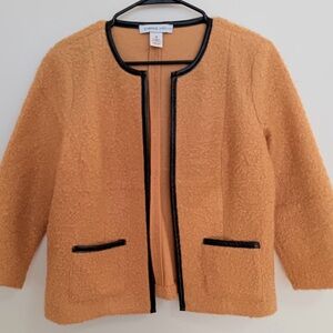 Beautiful Women's Teddy style Jacket in Tan with Black leather like Trim size m